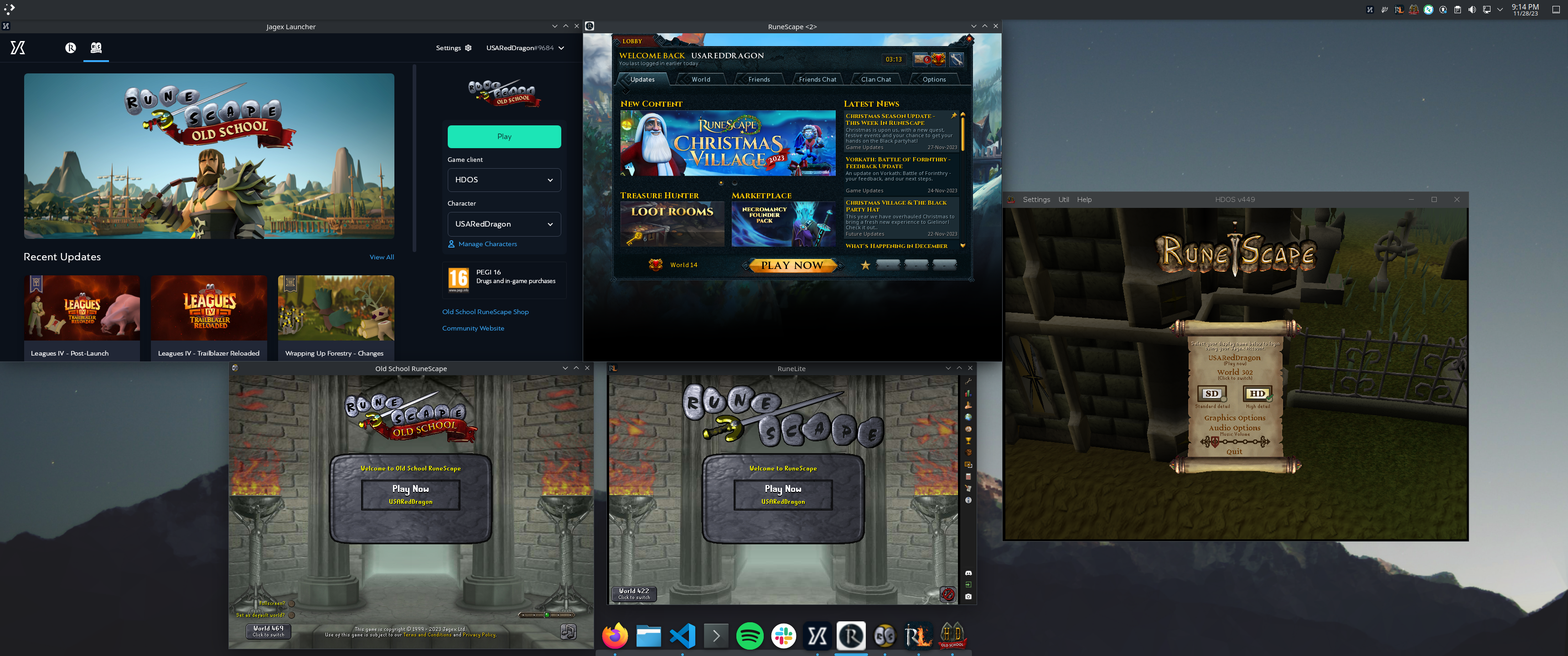 Screenshot of the Jagex Launcher and all 4 RuneScape clients open